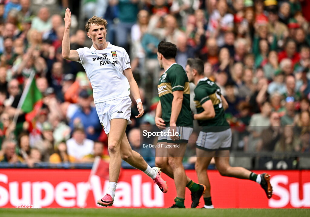 26 July 2026; Kobe McDonald of Mayo celebrates a score during the GAA Football All-Ireland Senior Championship final match between Kerry and Mayo at Croke Park in Dublin. Photo by David Fitzgerald/Sportsfile
