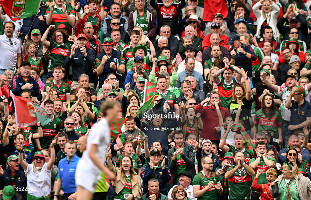 26 July 2026; Mayo supporters celebrate a point scored by Kobe McDonald of Mayo during the GAA Football All-Ireland Senior Championship final match between Kerry and Mayo at Croke Park in Dublin. Photo by David Fitzgerald/Sportsfile