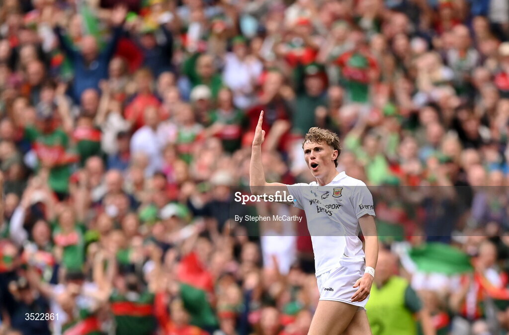 26 July 2026; Kobe McDonald of Mayo celebrates kicking a point during the GAA Football All-Ireland Senior Championship final match between Kerry and Mayo at Croke Park in Dublin. Photo by Stephen McCarthy/Sportsfile