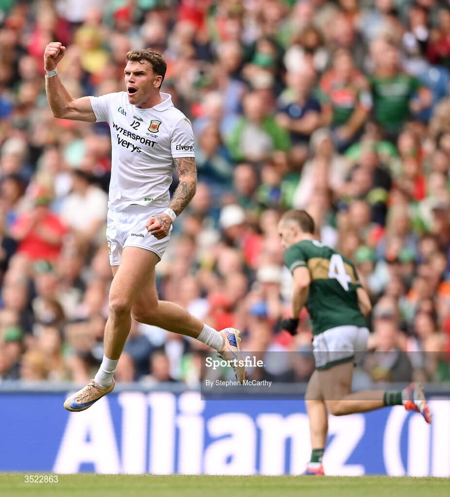 26 July 2026; Jordan Flynn of Mayo kicking a point during the GAA Football All-Ireland Senior Championship final match between Kerry and Mayo at Croke Park in Dublin. Photo by Stephen McCarthy/Sportsfile