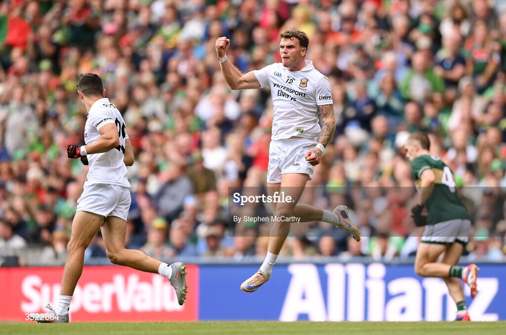 26 July 2026; Jordan Flynn of Mayo kicking a point during the GAA Football All-Ireland Senior Championship final match between Kerry and Mayo at Croke Park in Dublin. Photo by Stephen McCarthy/Sportsfile