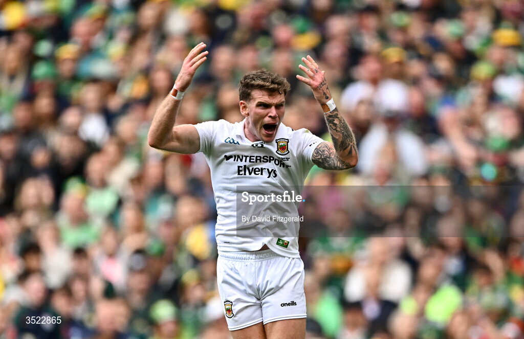 26 July 2026; Jordan Flynn of Mayo celebrates kicking a point during the GAA Football All-Ireland Senior Championship final match between Kerry and Mayo at Croke Park in Dublin. Photo by David Fitzgerald/Sportsfile