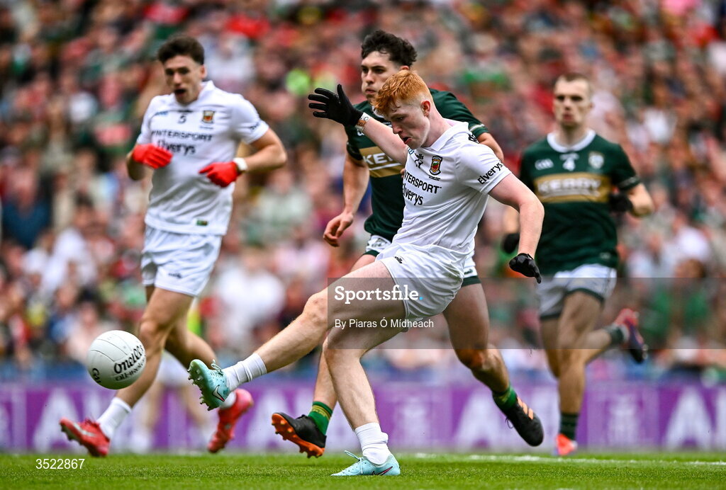 26 July 2026; Darragh Beirne of Mayo shoots to score his side's first goal during the GAA Football All-Ireland Senior Championship final match between Kerry and Mayo at Croke Park in Dublin. Photo by Piaras Ó Mídheach/Sportsfile