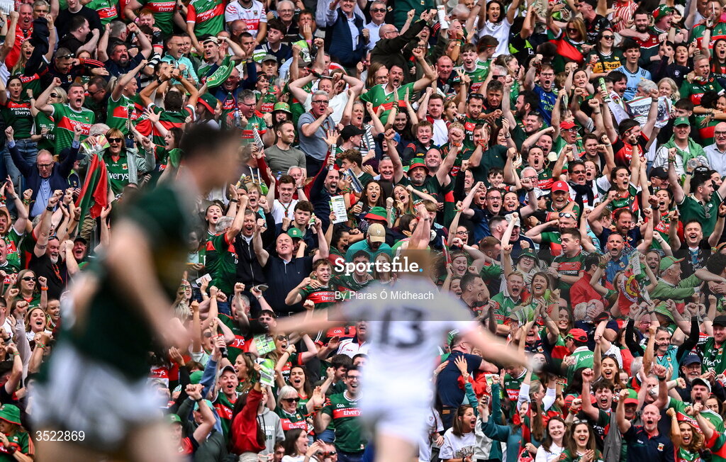 26 July 2026; Mayo supporters celebrate their side's first goal during the GAA Football All-Ireland Senior Championship final match between Kerry and Mayo at Croke Park in Dublin. Photo by Piaras Ó Mídheach/Sportsfile