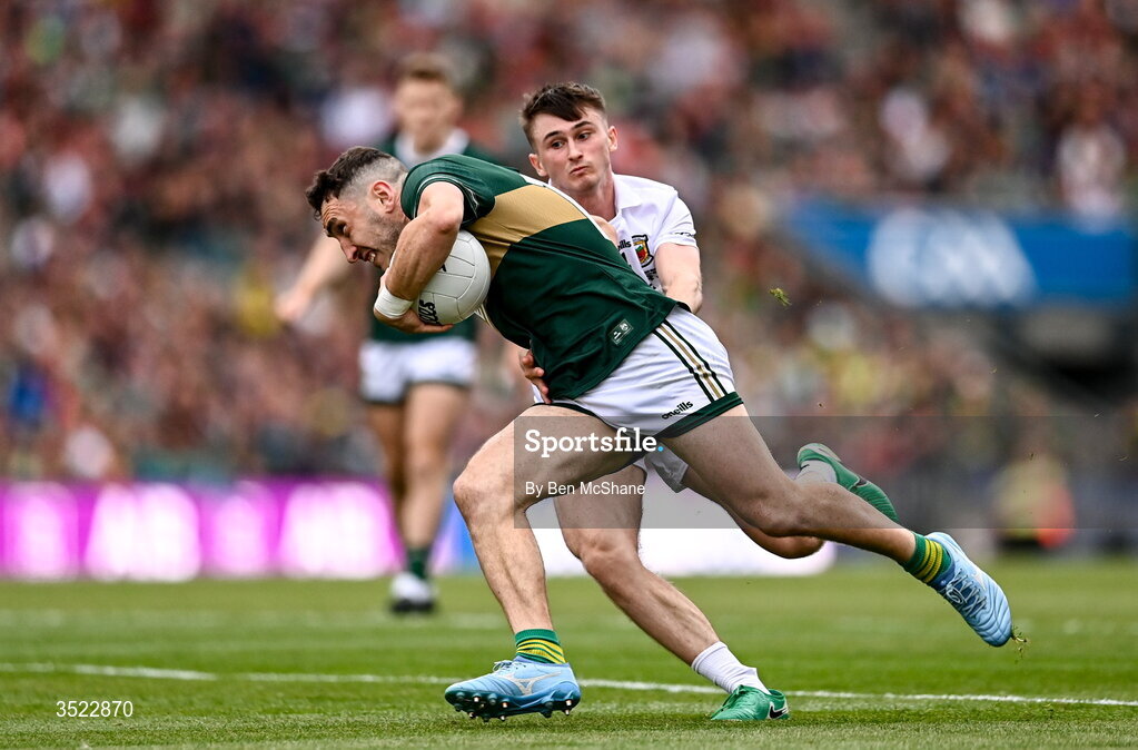 26 July 2026; Paudie Clifford of Kerry in action against Eoin McGreal of Mayo during the GAA Football All-Ireland Senior Championship final match between Kerry and Mayo at Croke Park in Dublin. Photo by Ben McShane/Sportsfile