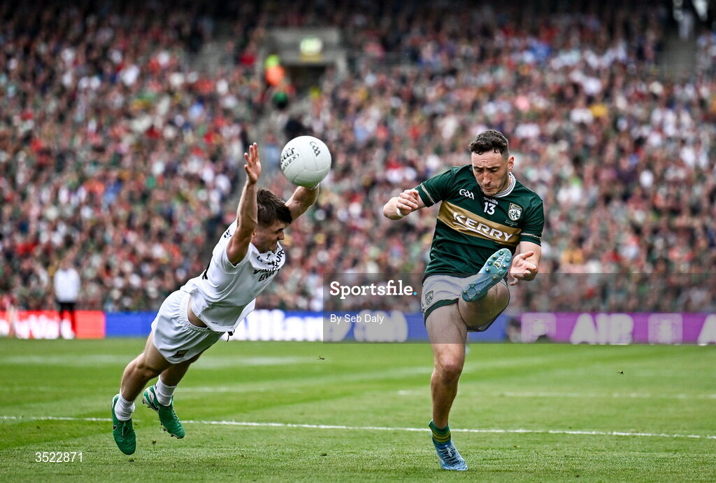 26 July 2026; Paudie Clifford of Kerry in action against Eoin McGreal of Mayo during the GAA Football All-Ireland Senior Championship final match between Kerry and Mayo at Croke Park in Dublin. Photo by Seb Daly/Sportsfile