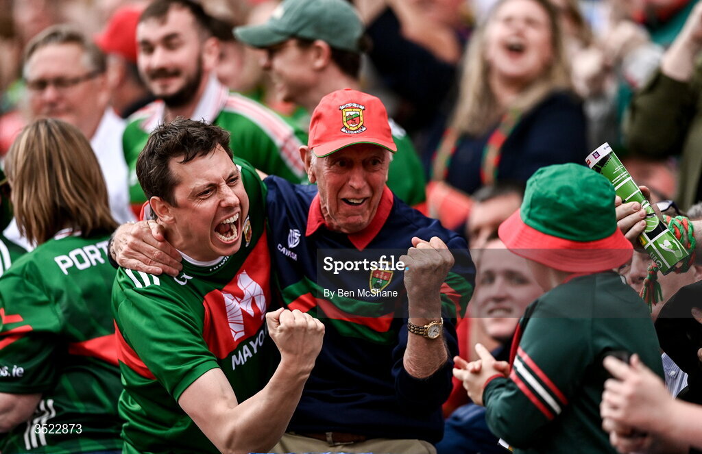 26 July 2026; Mayo supporters celebrate their side's first goal during the GAA Football All-Ireland Senior Championship final match between Kerry and Mayo at Croke Park in Dublin. Photo by Ben McShane/Sportsfile