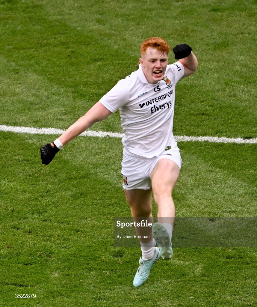 26 July 2026; Darragh Beirne of Mayo celebrates after scoring his side's first goal during the GAA Football All-Ireland Senior Championship final match between Kerry and Mayo at Croke Park in Dublin. Photo by Dáire Brennan/Sportsfile