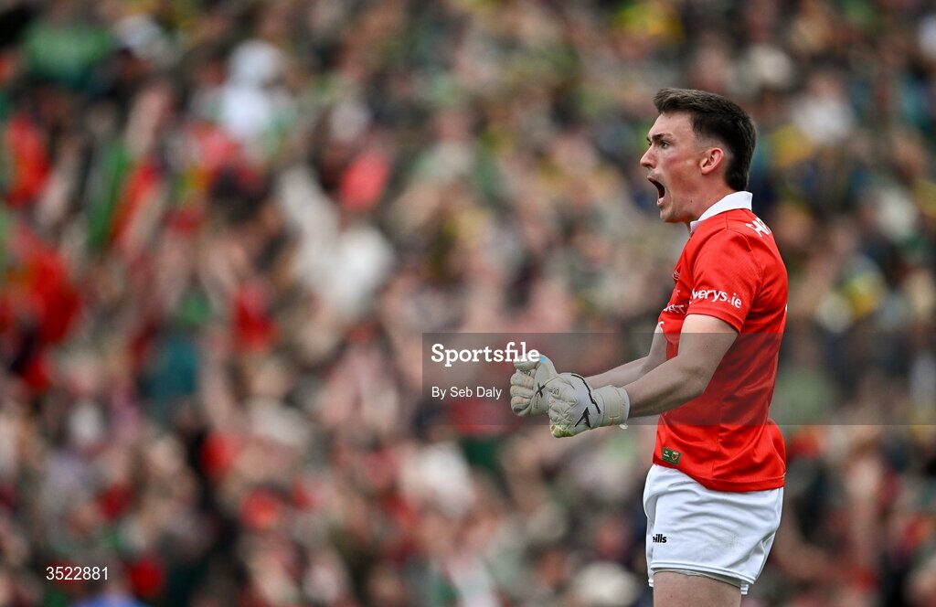 26 July 2026; Mayo goalkeeper Jack Livingstone celebrates his side's first goal during the GAA Football All-Ireland Senior Championship final match between Kerry and Mayo at Croke Park in Dublin. Photo by Seb Daly/Sportsfile