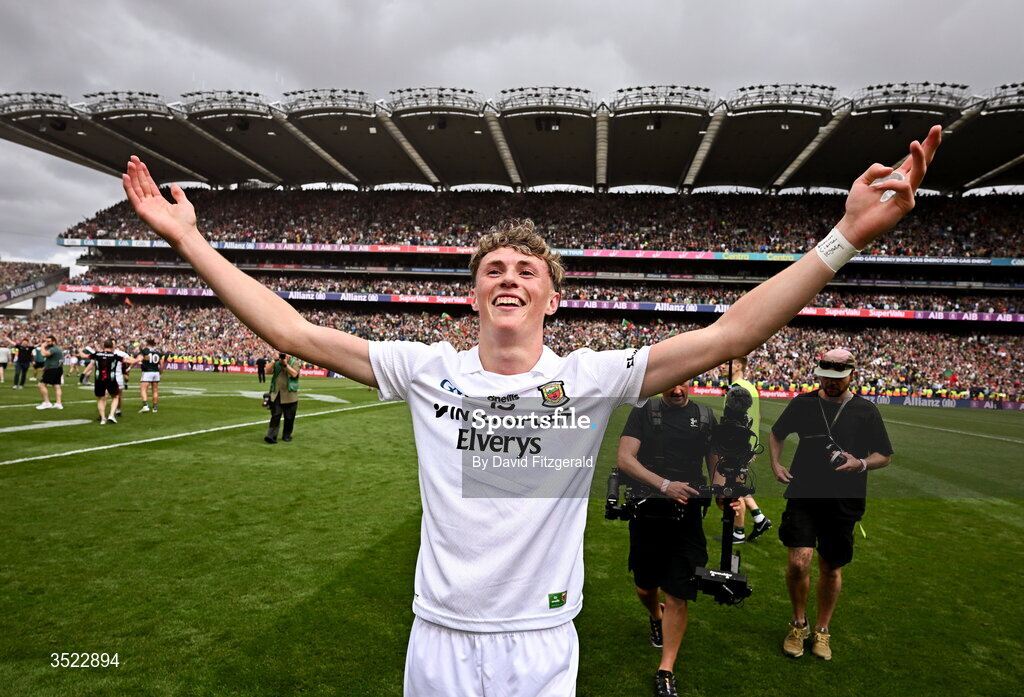26 July 2026; Kobe McDonald of Mayo celebrates after his side's victory in the GAA Football All-Ireland Senior Championship final match between Kerry and Mayo at Croke Park in Dublin. Photo by David Fitzgerald/Sportsfile