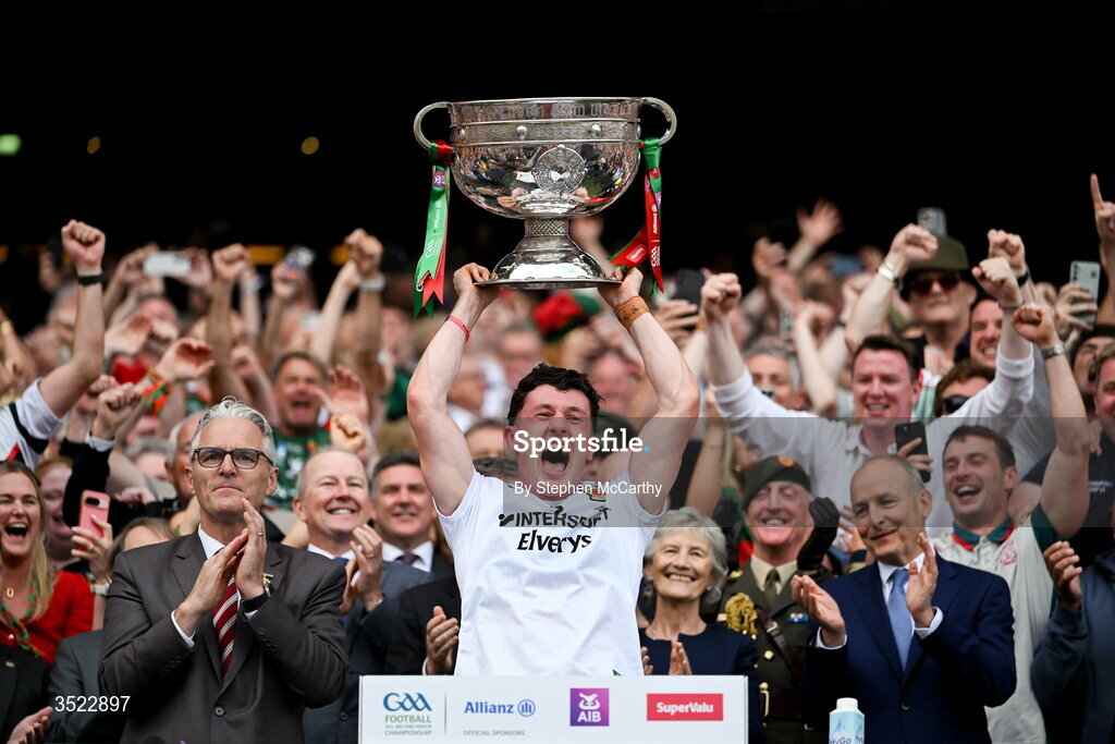 26 July 2026; Mayo captain Jack Coyne lifts the Sam Maguire Cup after his side's victory in the GAA Football All-Ireland Senior Championship final match between Kerry and Mayo at Croke Park in Dublin. Photo by Stephen McCarthy/Sportsfile