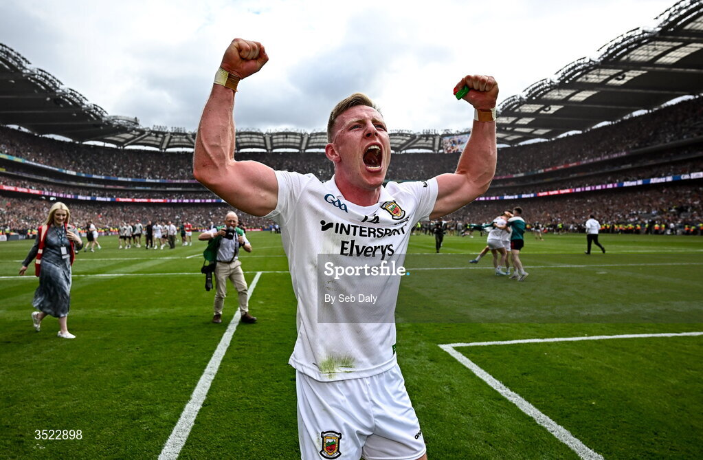 26 July 2026; Ryan O'Donoghue of Mayo celebrates after his side's victory in the GAA Football All-Ireland Senior Championship final match between Kerry and Mayo at Croke Park in Dublin. Photo by Seb Daly/Sportsfile