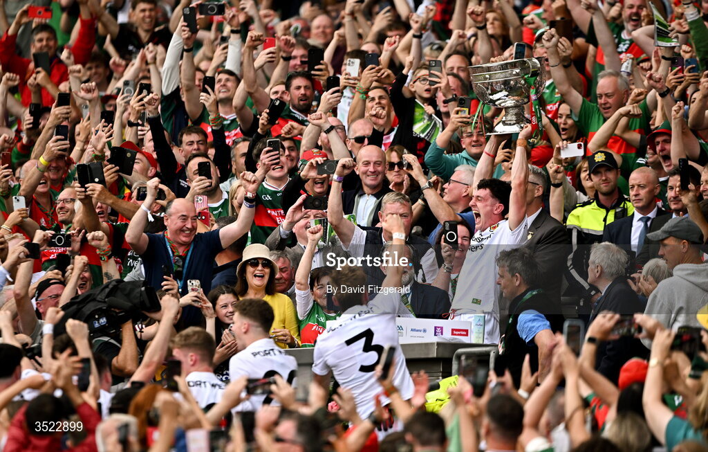 26 July 2026; Mayo captain Jack Coyne lifts the Sam Maguire Cup after his side's victory in the GAA Football All-Ireland Senior Championship final match between Kerry and Mayo at Croke Park in Dublin. Photo by David Fitzgerald/Sportsfile