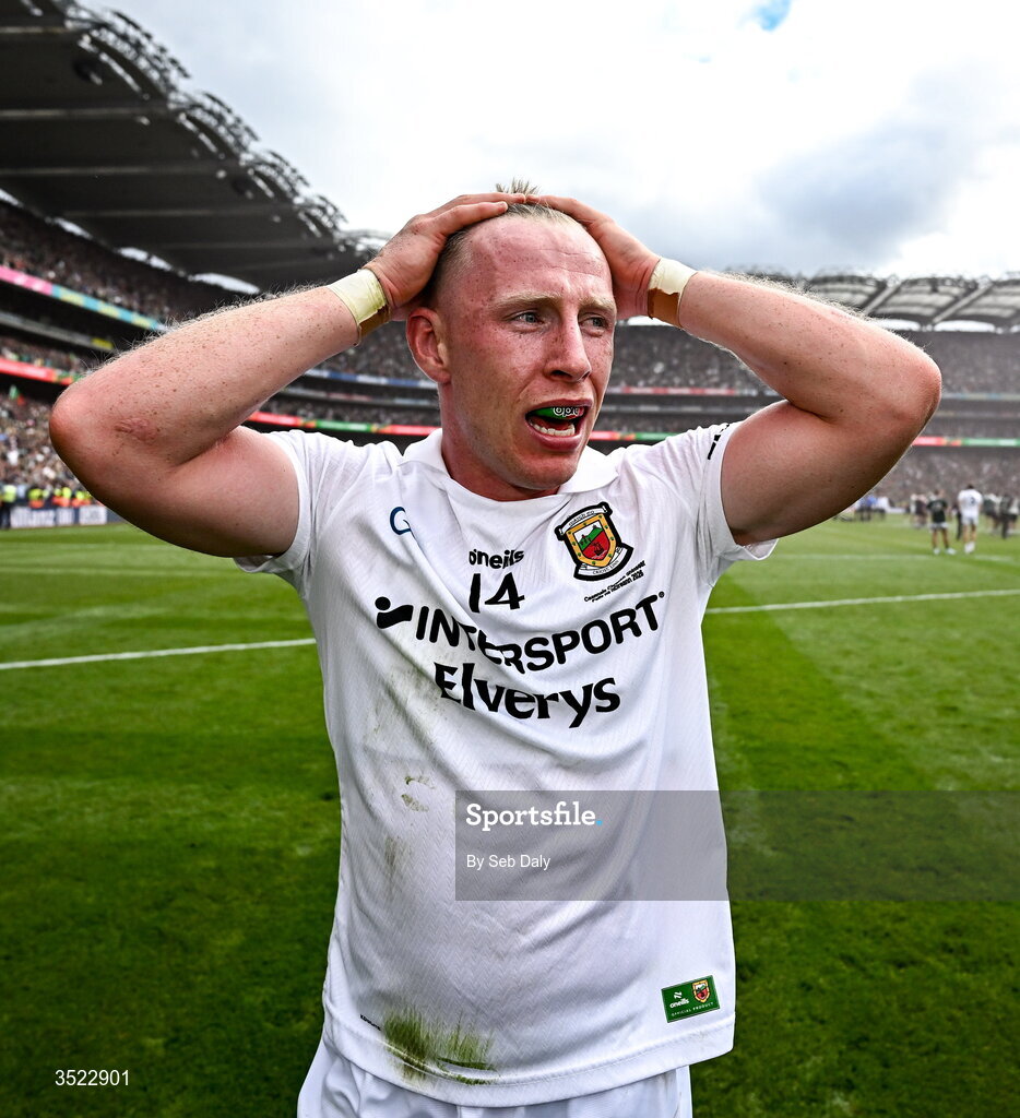 26 July 2026; Ryan O'Donoghue of Mayo celebrates after his side's victory in the GAA Football All-Ireland Senior Championship final match between Kerry and Mayo at Croke Park in Dublin. Photo by Seb Daly/Sportsfile