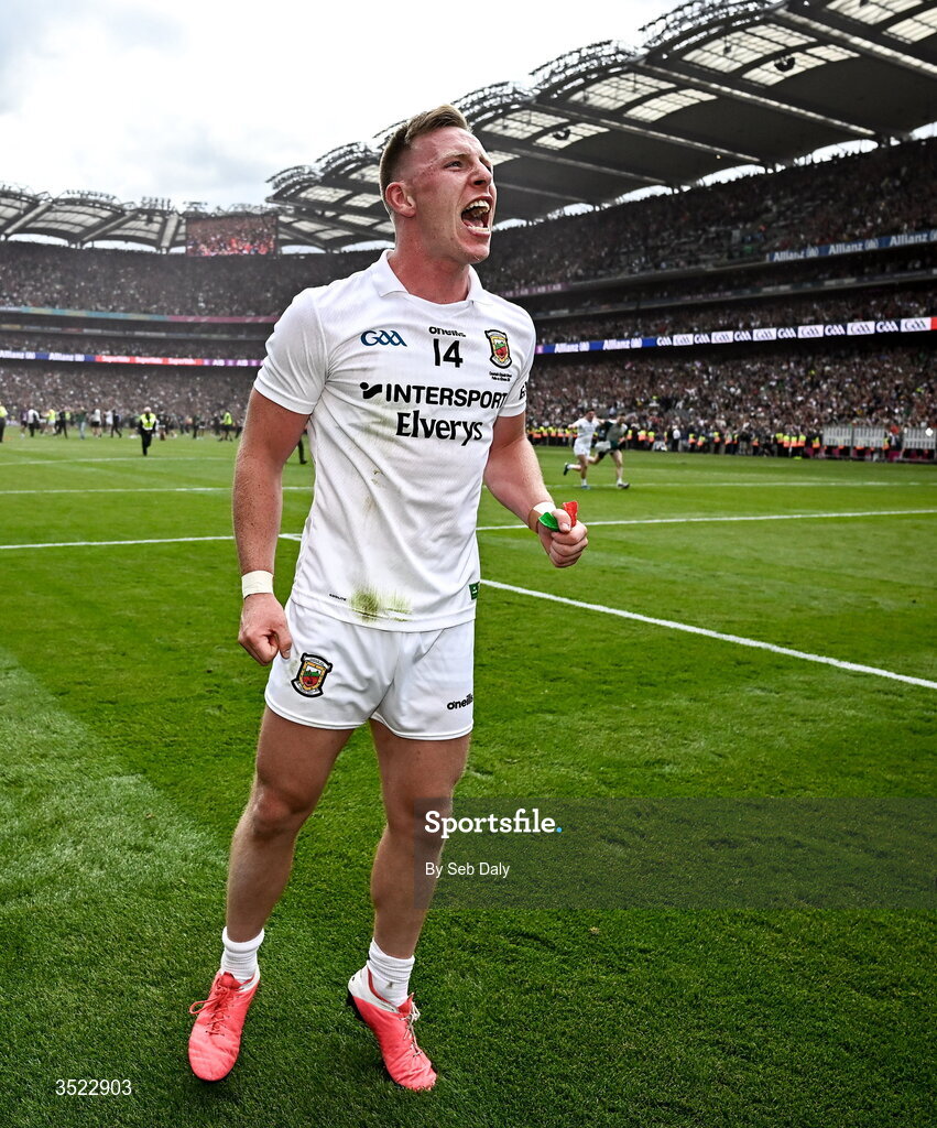 26 July 2026; Ryan O'Donoghue of Mayo celebrates after his side's victory in the GAA Football All-Ireland Senior Championship final match between Kerry and Mayo at Croke Park in Dublin. Photo by Seb Daly/Sportsfile