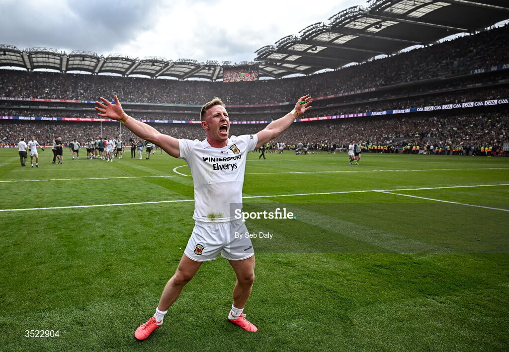 26 July 2026; Ryan O'Donoghue of Mayo celebrates after his side's victory in the GAA Football All-Ireland Senior Championship final match between Kerry and Mayo at Croke Park in Dublin. Photo by Seb Daly/Sportsfile