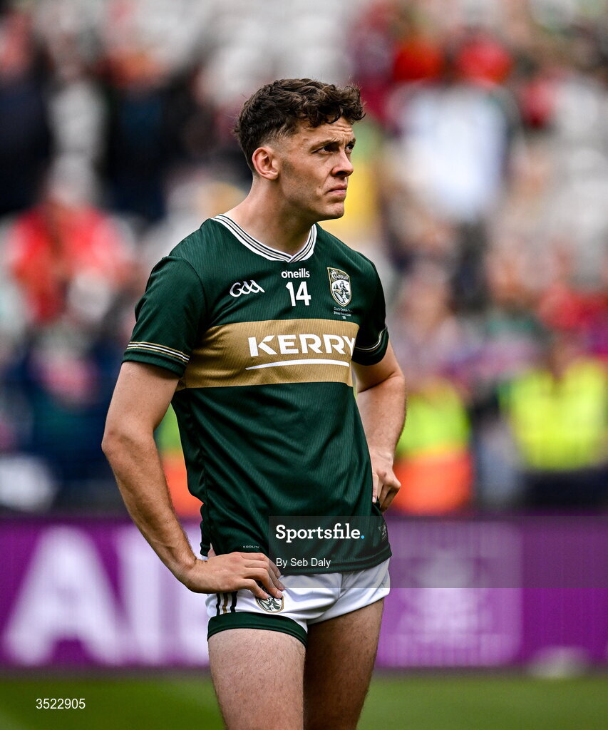 26 July 2026; David Clifford of Kerry dejected after his side's defeat in the GAA Football All-Ireland Senior Championship final match between Kerry and Mayo at Croke Park in Dublin. Photo by Seb Daly/Sportsfile