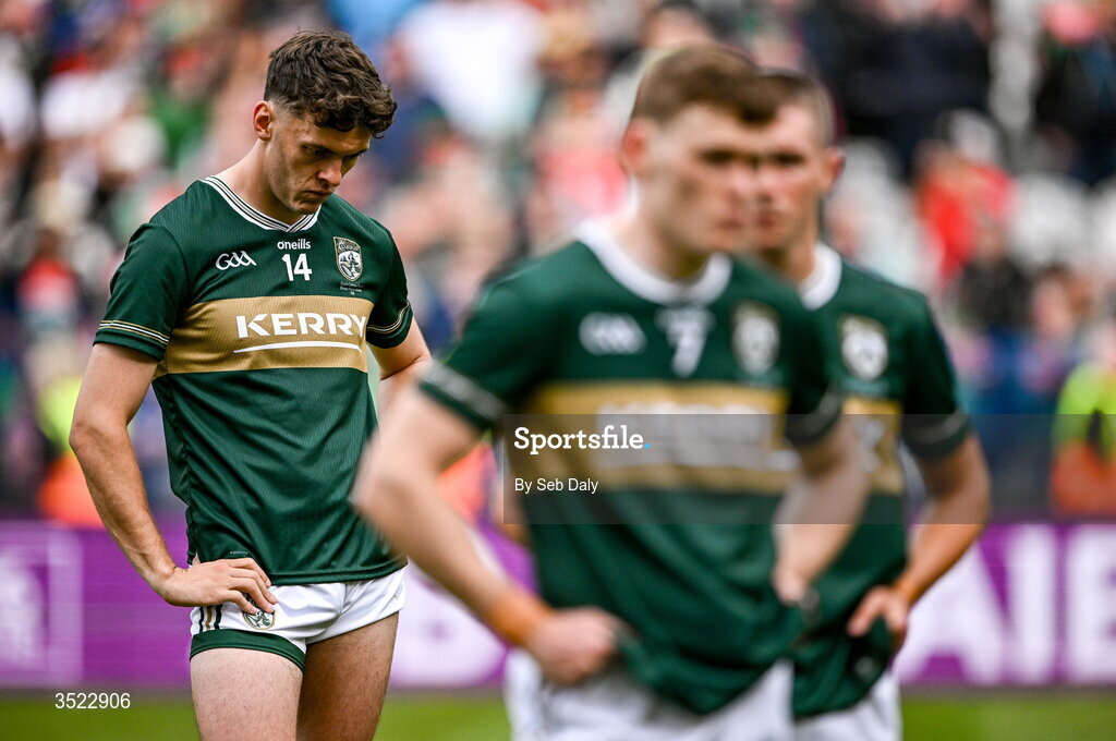 26 July 2026; David Clifford of Kerry dejected after his side's defeat in the GAA Football All-Ireland Senior Championship final match between Kerry and Mayo at Croke Park in Dublin. Photo by Seb Daly/Sportsfile