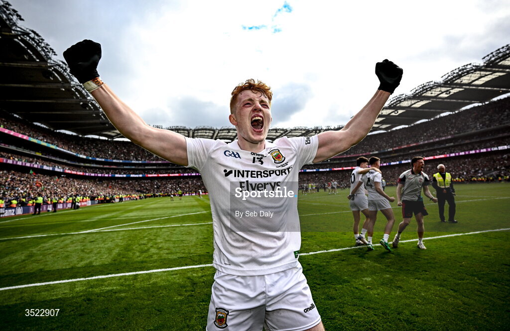 26 July 2026; Darragh Beirne of Mayo celebrates after his side's victory in the GAA Football All-Ireland Senior Championship final match between Kerry and Mayo at Croke Park in Dublin. Photo by Seb Daly/Sportsfile