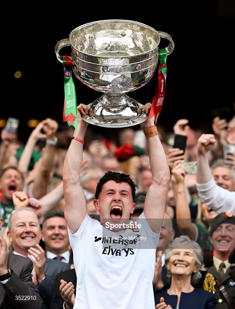 26 July 2026; Mayo captain Jack Coyne lifts the Sam Maguire Cup after his side's victory in the GAA Football All-Ireland Senior Championship final match between Kerry and Mayo at Croke Park in Dublin. Photo by Stephen McCarthy/Sportsfile
