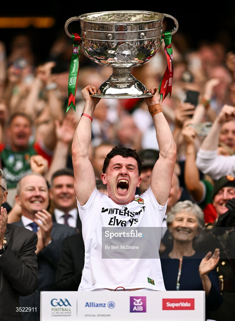 26 July 2026; Mayo captain Jack Coyne lifts the Sam Maguire Cup after his side's victory in the GAA Football All-Ireland Senior Championship final match between Kerry and Mayo at Croke Park in Dublin. Photo by Ben McShane/Sportsfile