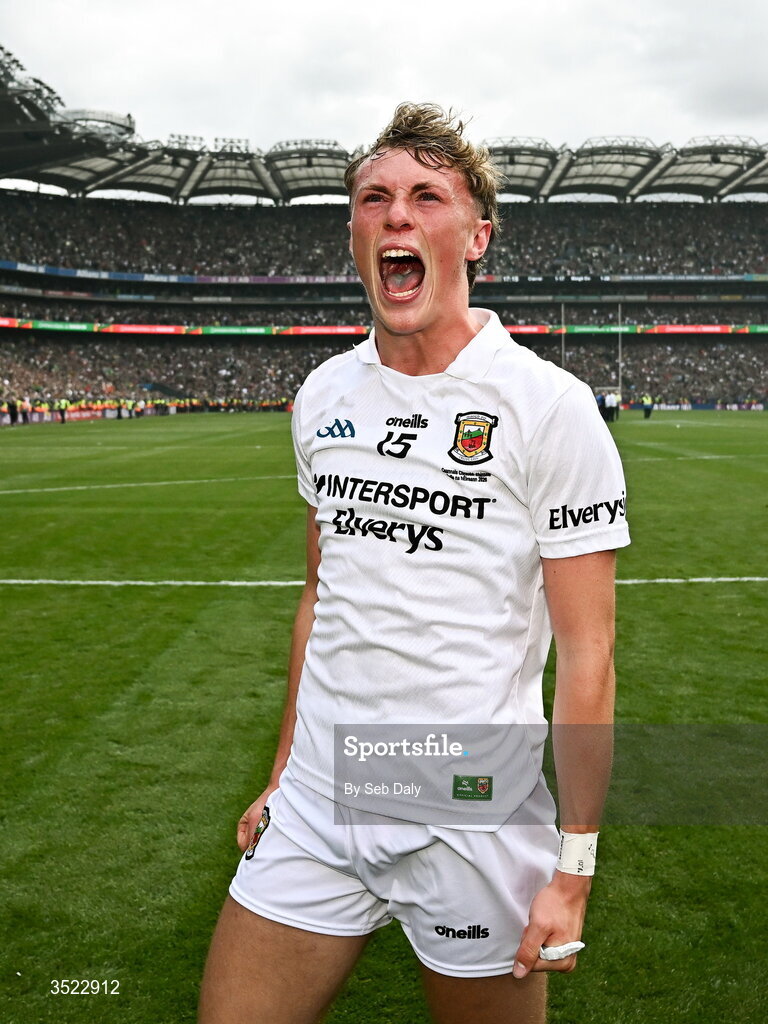 26 July 2026; Kobe McDonald of Mayo celebrates after his side's victory in the GAA Football All-Ireland Senior Championship final match between Kerry and Mayo at Croke Park in Dublin. Photo by Seb Daly/Sportsfile