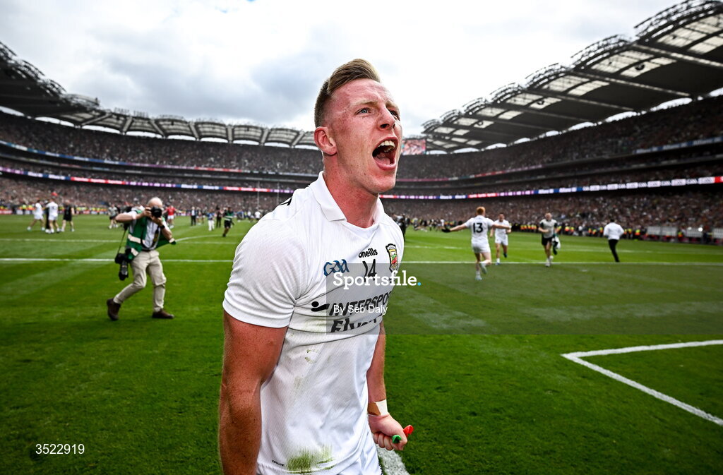 26 July 2026; Ryan O'Donoghue of Mayo celebrates after their side's victory in the GAA Football All-Ireland Senior Championship final match between Kerry and Mayo at Croke Park in Dublin. Photo by Seb Daly/Sportsfile