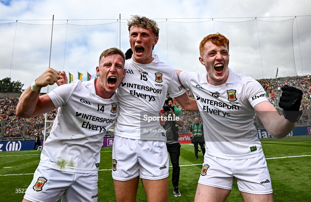 26 July 2026; Mayo players, from left, Ryan O'Donoghue, Kobe McDonald and Darragh Beirne celebrate after their side's victory in the GAA Football All-Ireland Senior Championship final match between Kerry and Mayo at Croke Park in Dublin. Photo by Seb Daly/Sportsfile
