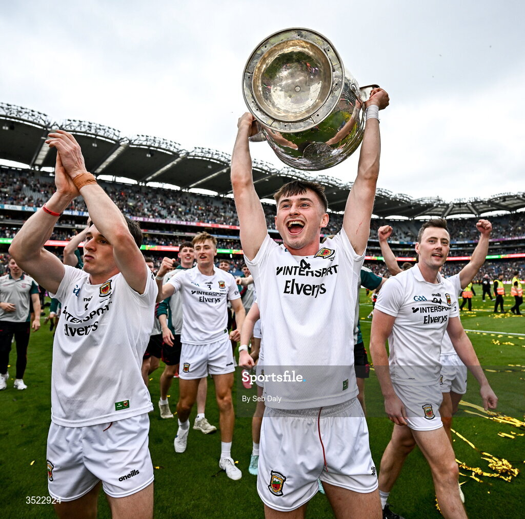 26 July 2026; Eoin McGreal of Mayo celebrates with the trophy after the GAA Football All-Ireland Senior Championship final match between Kerry and Mayo at Croke Park in Dublin. Photo by Seb Daly/Sportsfile