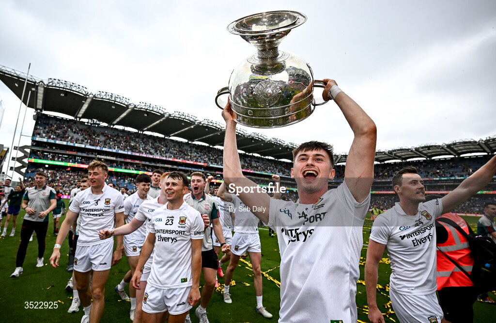 26 July 2026; Eoin McGreal of Mayo celebrates with the trophy after the GAA Football All-Ireland Senior Championship final match between Kerry and Mayo at Croke Park in Dublin. Photo by Seb Daly/Sportsfile