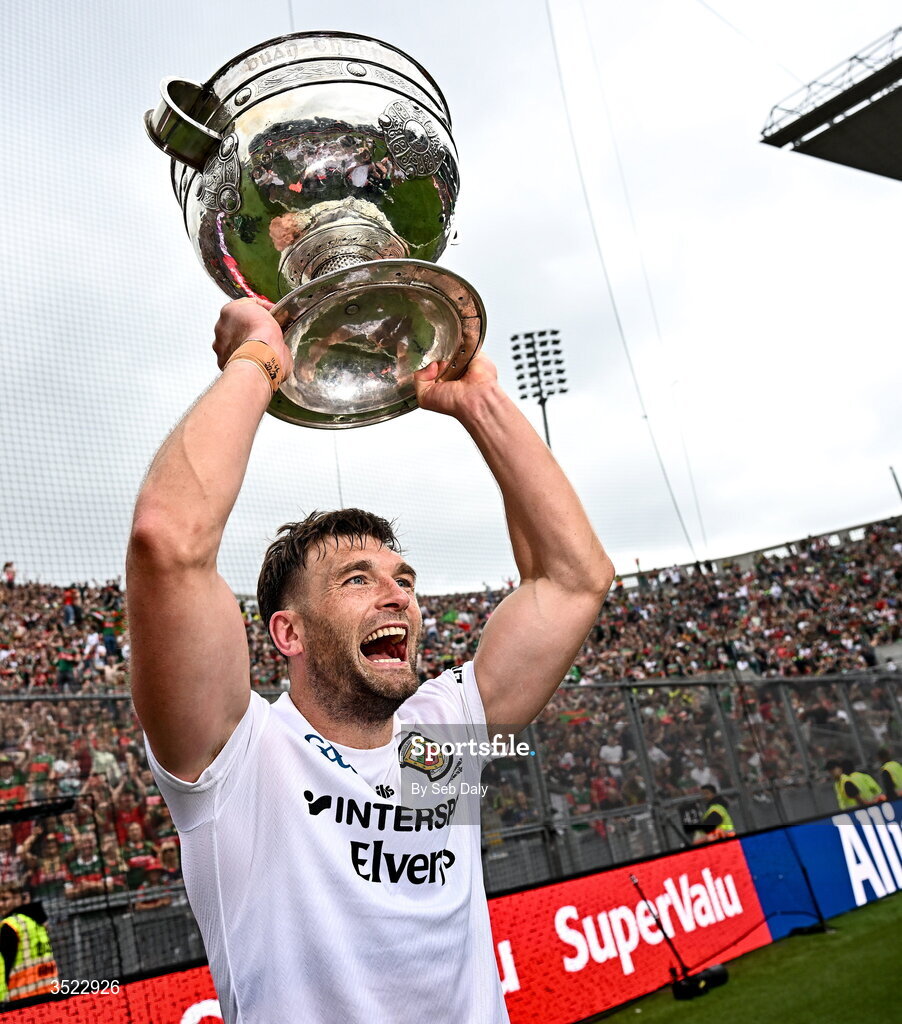 26 July 2026; Aidan O'Shea of Mayo celebrates with the cup after the GAA Football All-Ireland Senior Championship final match between Kerry and Mayo at Croke Park in Dublin. Photo by Seb Daly/Sportsfile