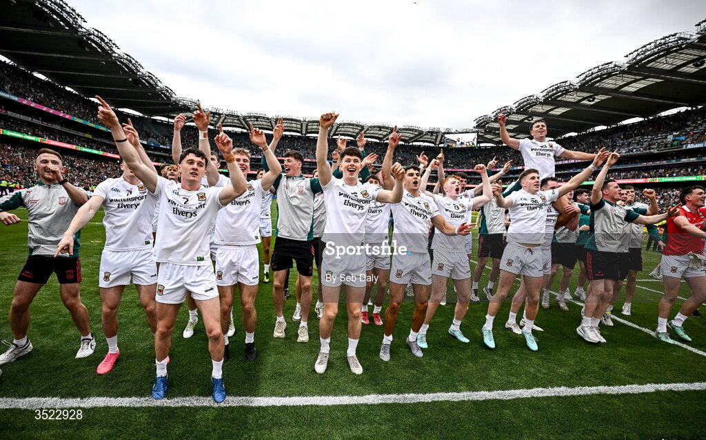 26 July 2026; Mayo players celebrate after their side's victory in the GAA Football All-Ireland Senior Championship final match between Kerry and Mayo at Croke Park in Dublin. Photo by Seb Daly/Sportsfile