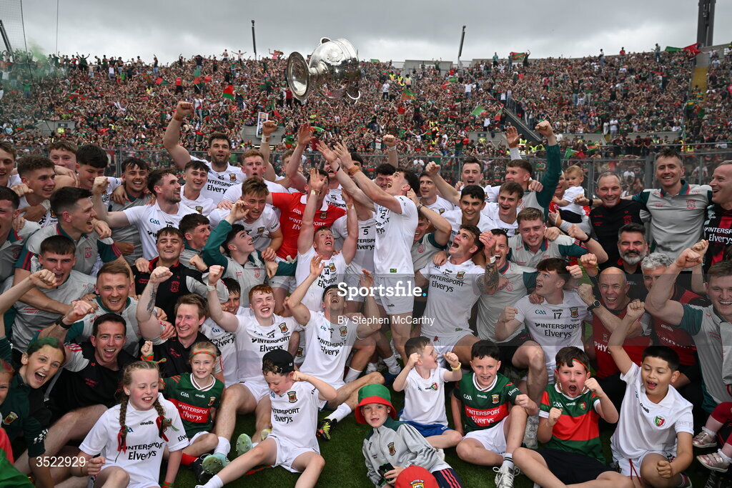 26 July 2026; Mayo players celebrate with the Sam Maguire Cup after their side's victory in the GAA Football All-Ireland Senior Championship final match between Kerry and Mayo at Croke Park in Dublin. Photo by Stephen McCarthy/Sportsfile