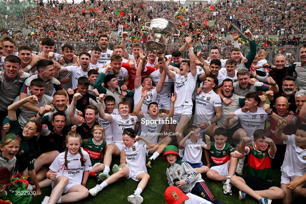 26 July 2026; Mayo players celebrate with the Sam Maguire Cup after their side's victory in the GAA Football All-Ireland Senior Championship final match between Kerry and Mayo at Croke Park in Dublin. Photo by Stephen McCarthy/Sportsfile