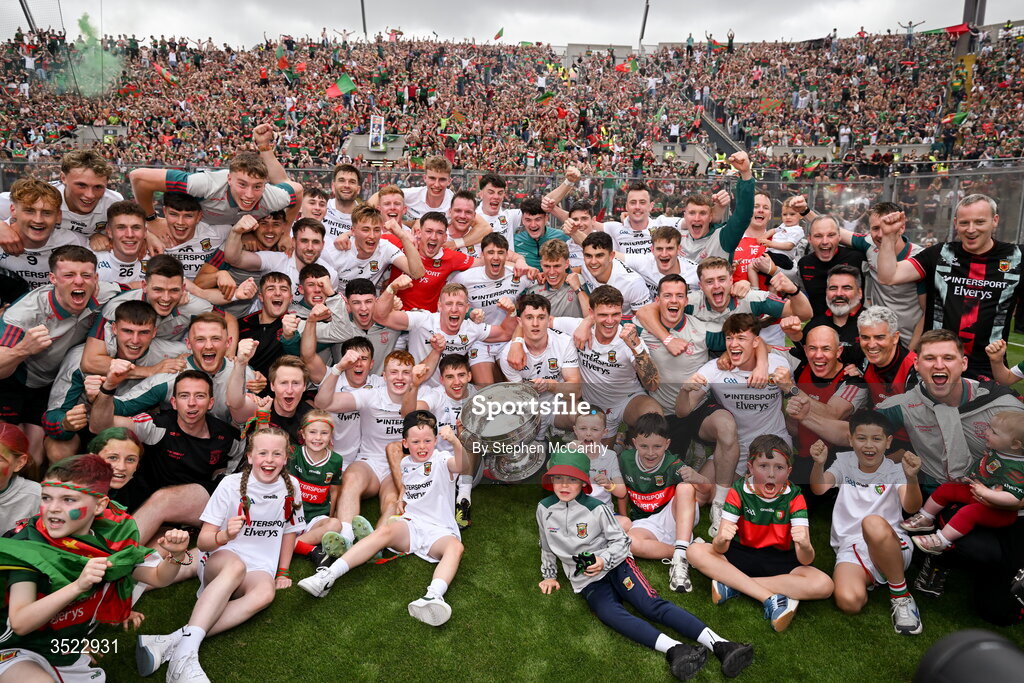 26 July 2026; Mayo players celebrate with the Sam Maguire Cup after their side's victory in the GAA Football All-Ireland Senior Championship final match between Kerry and Mayo at Croke Park in Dublin. Photo by Stephen McCarthy/Sportsfile