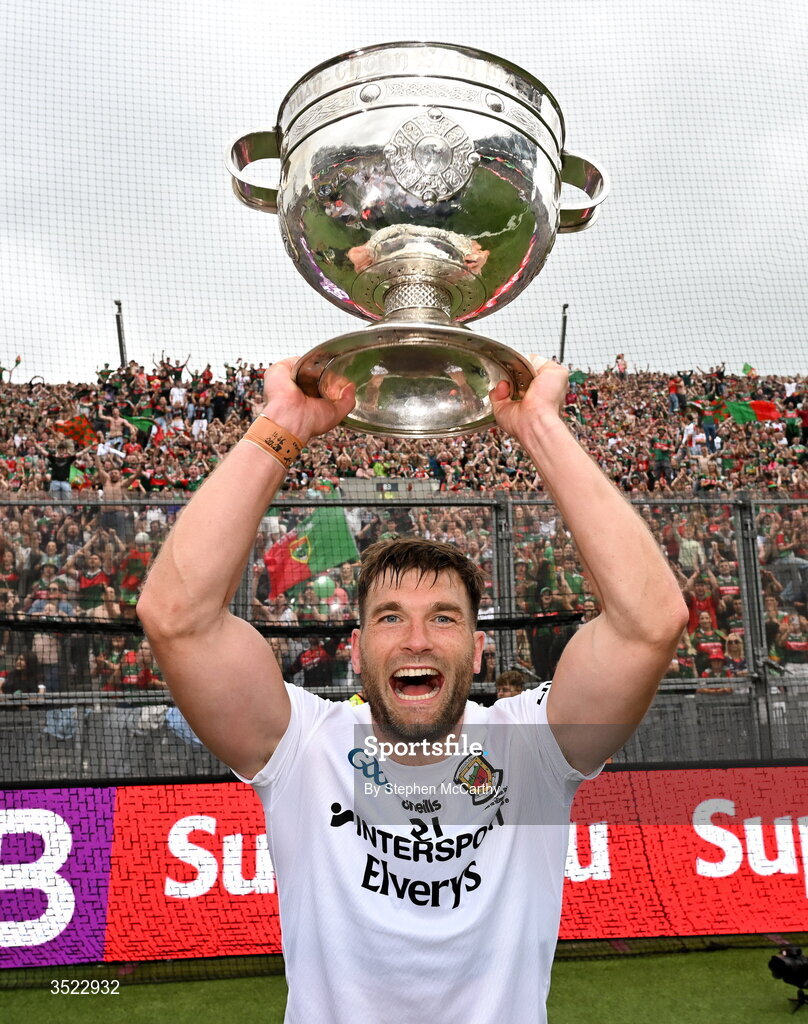 26 July 2026; Aidan O'Shea of Mayo celebrates with the Sam Maguire Cup after his side's victory in the GAA Football All-Ireland Senior Championship final match between Kerry and Mayo at Croke Park in Dublin. Photo by Stephen McCarthy/Sportsfile