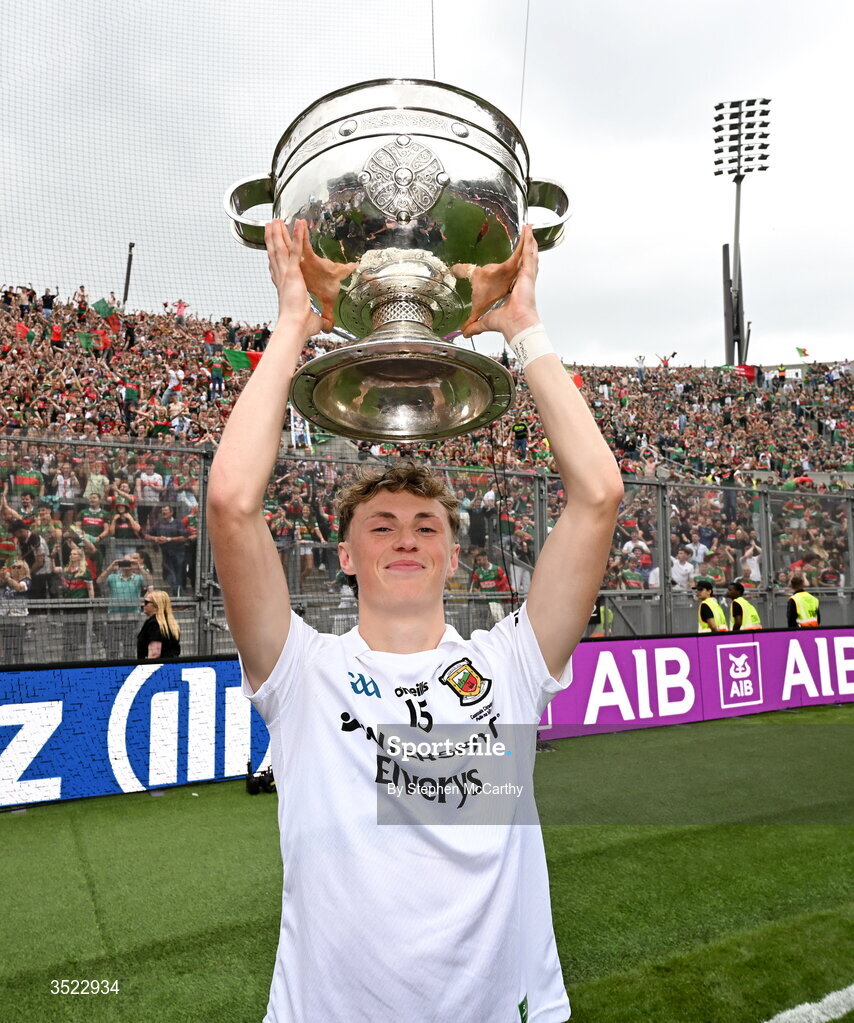 26 July 2026; Kobe McDonald of Mayo celebrates with the Sam Maguire Cup after his side's victory in the GAA Football All-Ireland Senior Championship final match between Kerry and Mayo at Croke Park in Dublin. Photo by Stephen McCarthy/Sportsfile