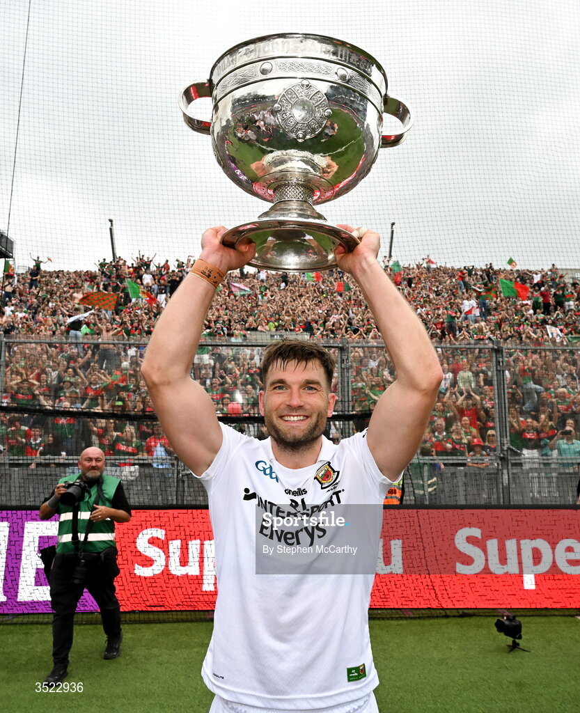 26 July 2026; Aidan O'Shea of Mayo celebrates with the Sam Maguire Cup after his side's victory in the GAA Football All-Ireland Senior Championship final match between Kerry and Mayo at Croke Park in Dublin. Photo by Stephen McCarthy/Sportsfile