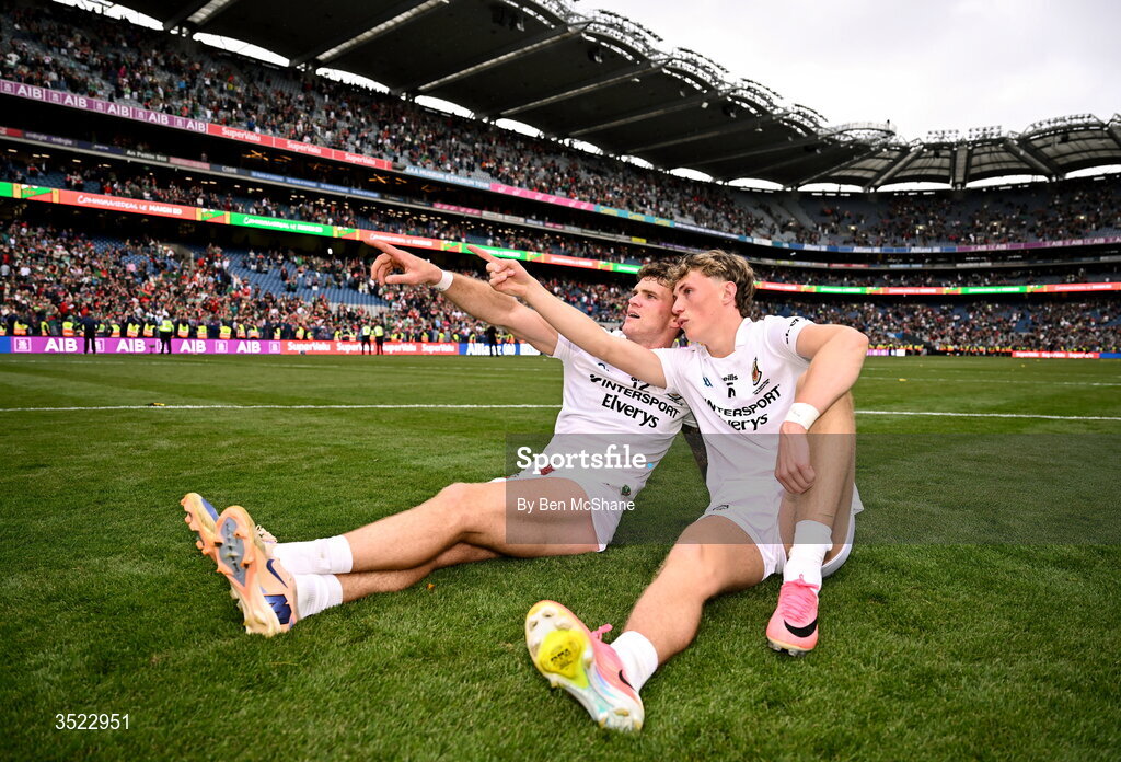 26 July 2026; Mayo players Jordan Flynn, left, and Kobe McDonald celebrate after their side's victory in the GAA Football All-Ireland Senior Championship final match between Kerry and Mayo at Croke Park in Dublin. Photo by Ben McShane/Sportsfile