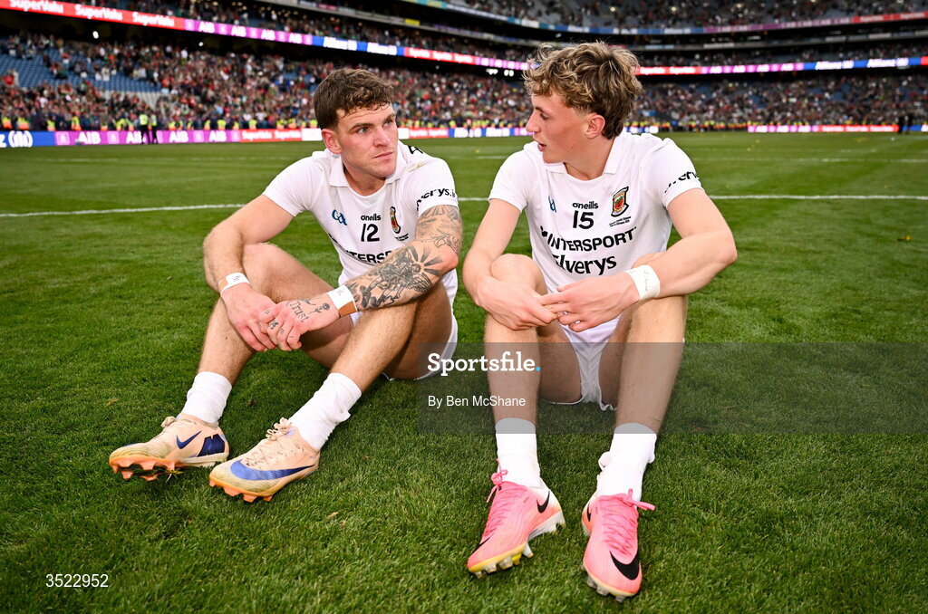 26 July 2026; Mayo players Jordan Flynn, left, and Kobe McDonald celebrate after their side's victory in the GAA Football All-Ireland Senior Championship final match between Kerry and Mayo at Croke Park in Dublin. Photo by Ben McShane/Sportsfile