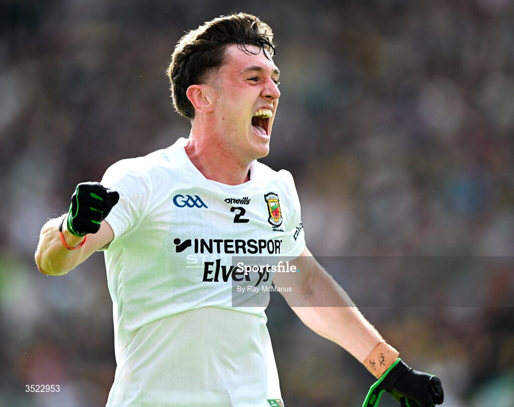26 July 2026;  Mayo captain Jack Coyne celebrates at the hooter in the GAA Football All-Ireland Senior Championship final match between Kerry and Mayo at Croke Park in Dublin. Photo by Ray McManus/Sportsfile