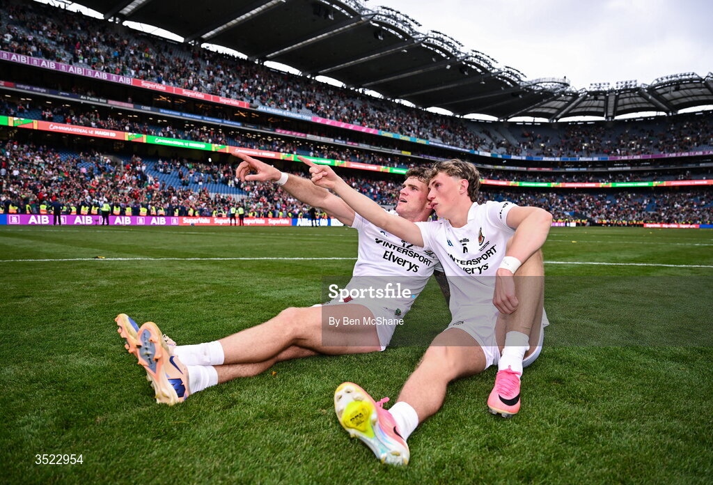 26 July 2026; Mayo players Jordan Flynn, left, and Kobe McDonald celebrate after their side's victory in the GAA Football All-Ireland Senior Championship final match between Kerry and Mayo at Croke Park in Dublin. Photo by Ben McShane/Sportsfile