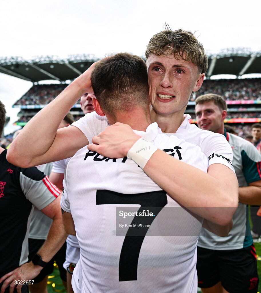 26 July 2026; Mayo players Kobe McDonald, right, and Enda Hession celebrate after their side's victory in the GAA Football All-Ireland Senior Championship final match between Kerry and Mayo at Croke Park in Dublin. Photo by Ben McShane/Sportsfile