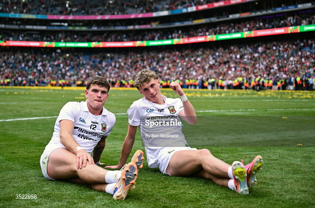 26 July 2026; Mayo players Jordan Flynn, left, and Kobe McDonald celebrate after their side's victory in the GAA Football All-Ireland Senior Championship final match between Kerry and Mayo at Croke Park in Dublin. Photo by Ben McShane/Sportsfile