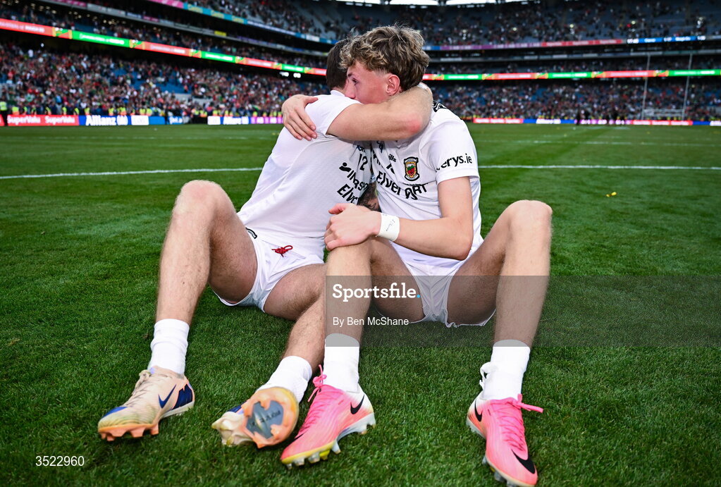 26 July 2026; Mayo players Jordan Flynn, left, and Kobe McDonald celebrate after their side's victory in the GAA Football All-Ireland Senior Championship final match between Kerry and Mayo at Croke Park in Dublin. Photo by Ben McShane/Sportsfile