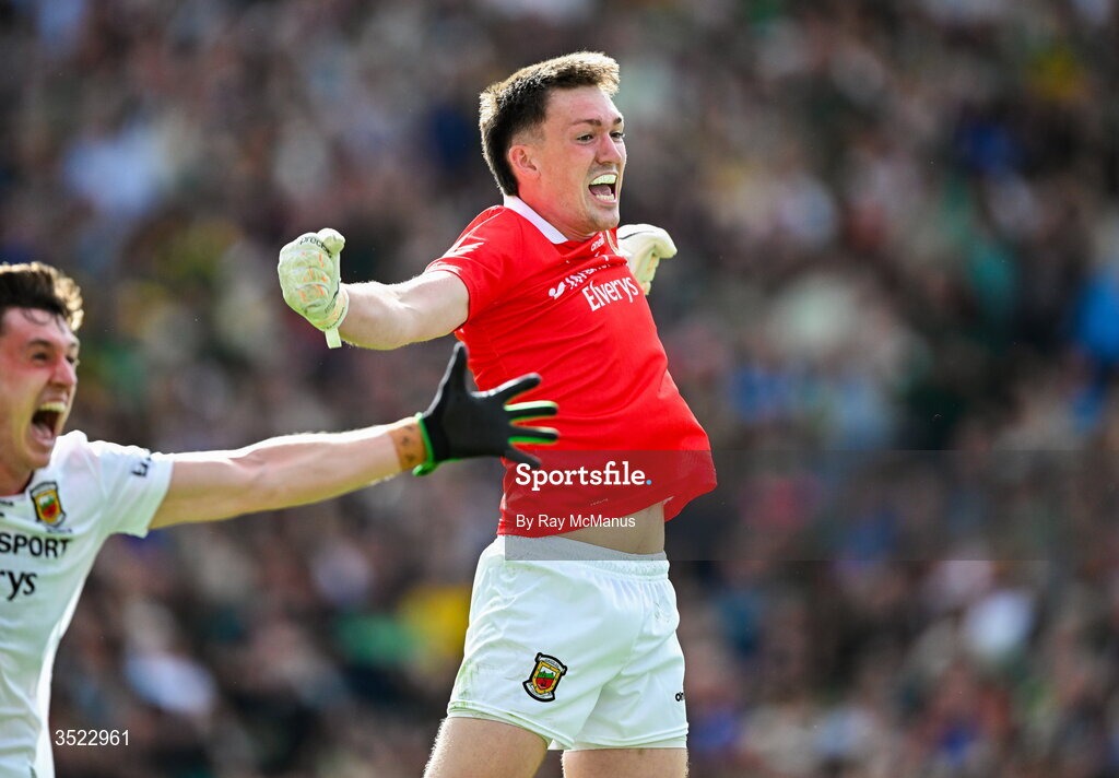 26 July 2026; Mayo goalkeeper Jack Livingstone and captain Jack Coyne celebrates at the hooter in the GAA Football All-Ireland Senior Championship final match between Kerry and Mayo at Croke Park in Dublin. Photo by Ray McManus/Sportsfile