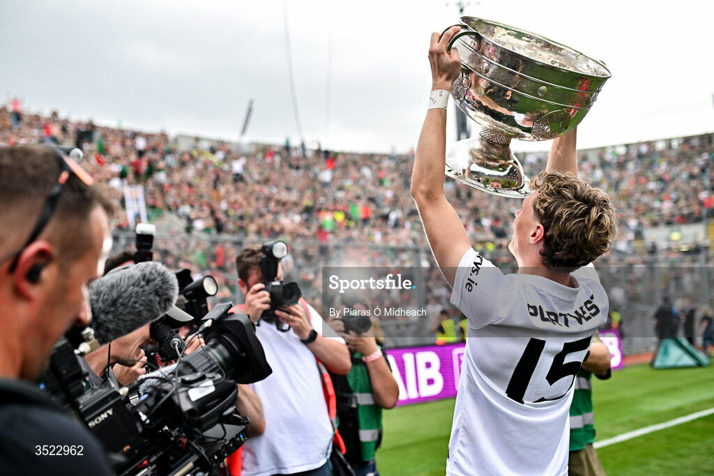 26 July 2026; Kobe McDonald of Mayo celebrates after the GAA Football All-Ireland Senior Championship final match between Kerry and Mayo at Croke Park in Dublin. Photo by Piaras Ó Mídheach/Sportsfile