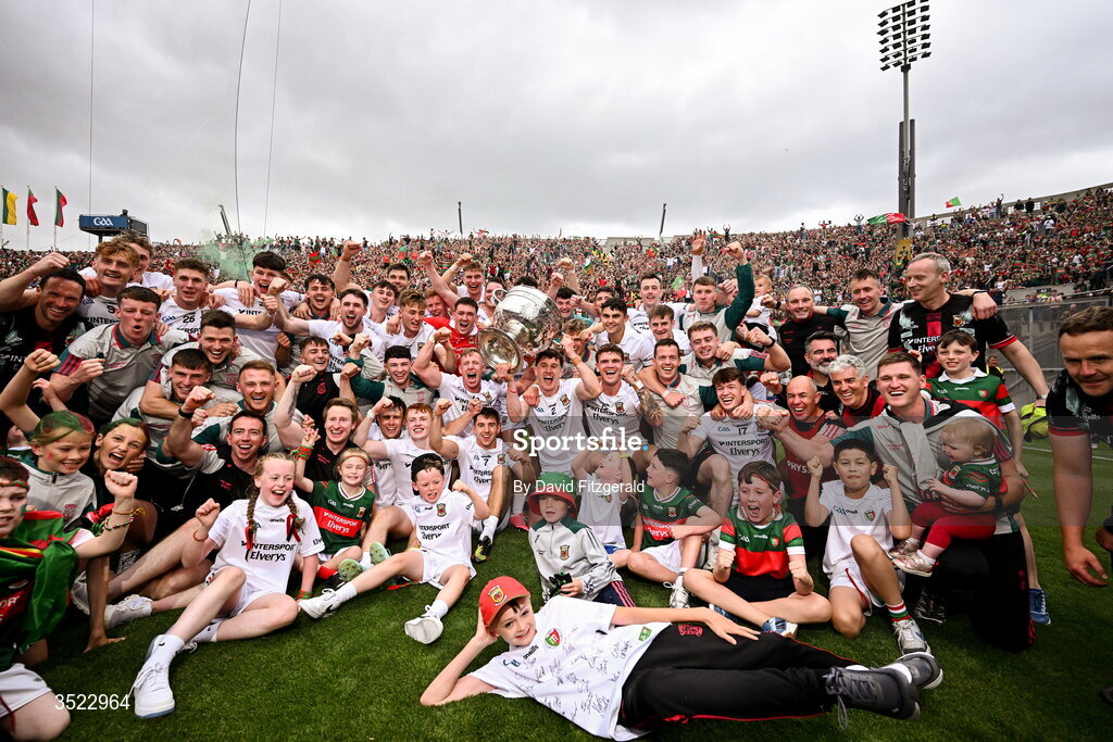 26 July 2026; Mayo players and supporters celebrate after the GAA Football All-Ireland Senior Championship final match between Kerry and Mayo at Croke Park in Dublin. Photo by David Fitzgerald/Sportsfile