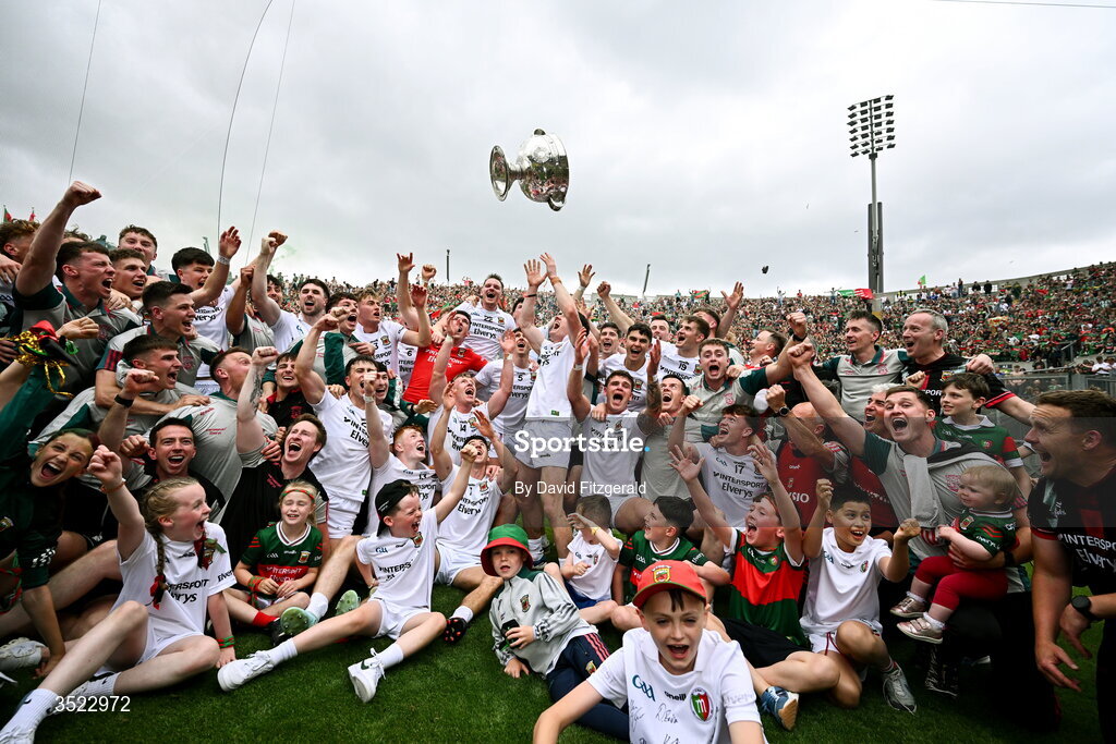 26 July 2026; Mayo players and supporters celebrate after the GAA Football All-Ireland Senior Championship final match between Kerry and Mayo at Croke Park in Dublin. Photo by David Fitzgerald/Sportsfile