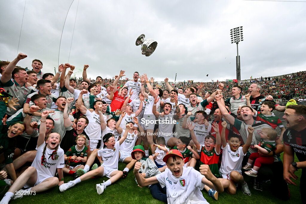 26 July 2026; Mayo players and supporters celebrate after the GAA Football All-Ireland Senior Championship final match between Kerry and Mayo at Croke Park in Dublin. Photo by David Fitzgerald/Sportsfile